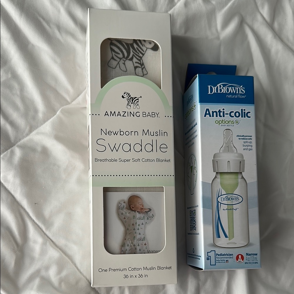 New in boxes, Amazing Baby Swaddle and Dr. Brown's Anti-Colic Bottle Set